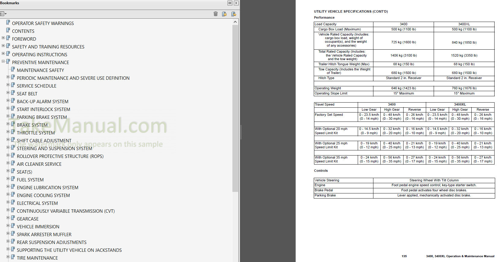 Bobcat 3400 3400XL Operation & Maintenance Manual Utility Vehicle ...