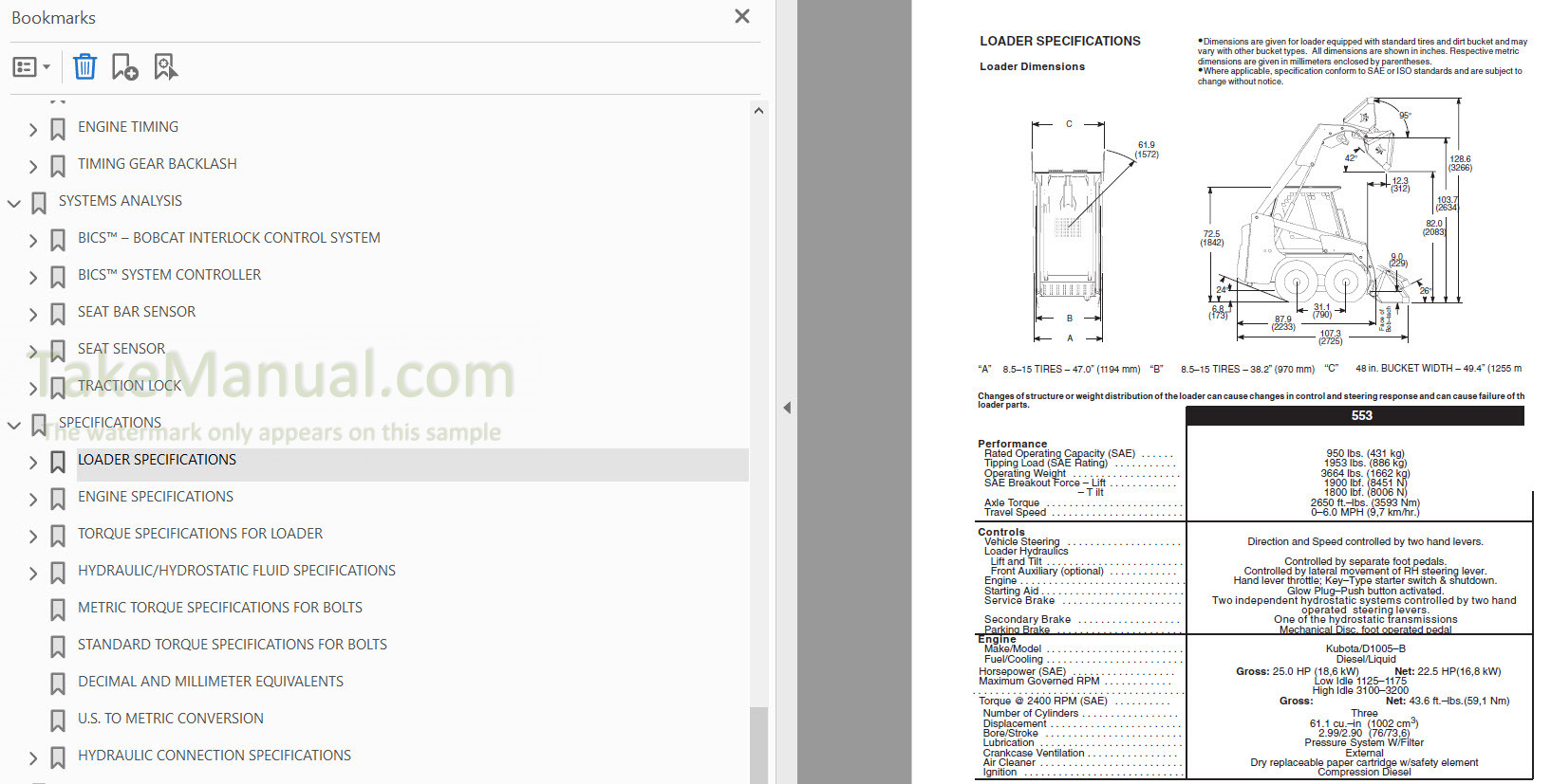 Bobcat 553 Service Manual Skid Steer Loader 516311001- 516411001