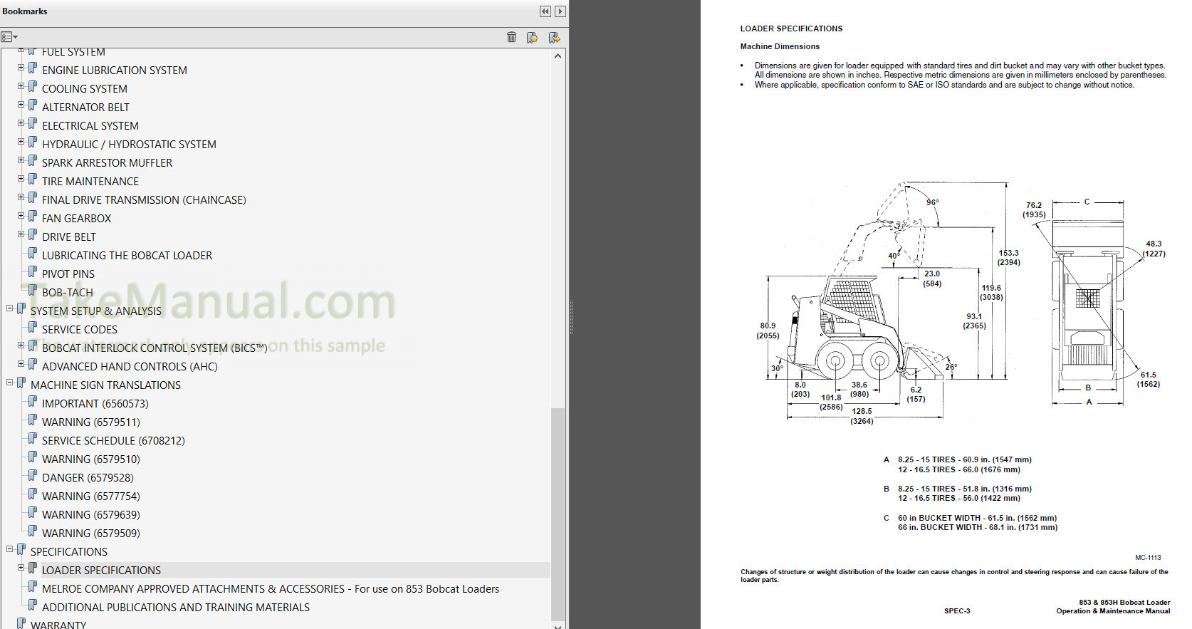 Bobcat 853 853H Operation & Maintenance Manual Skid Steer Loader