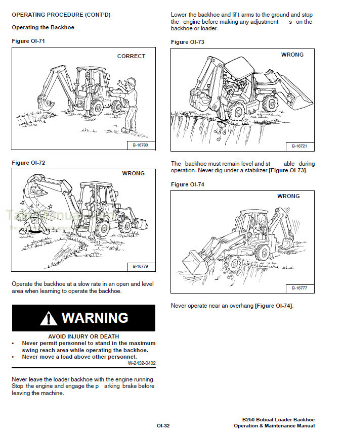 Bobcat B250 B Series Operation & Maintenance Manual Loader Backhoe ...