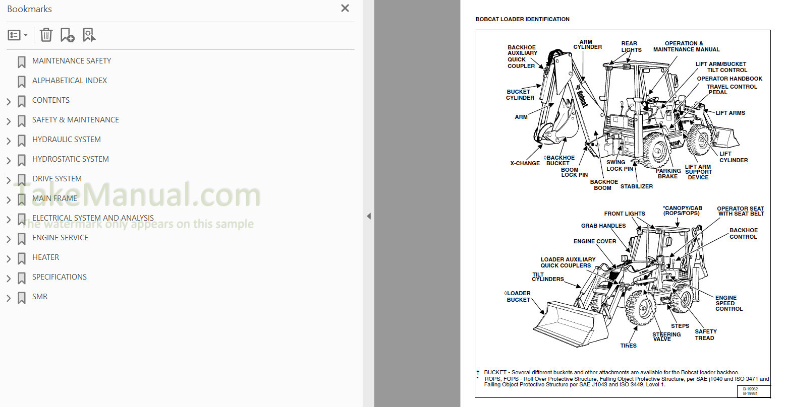 Bobcat B250 Service Manual Loader Backhoe 572211001- – TakeManual.com