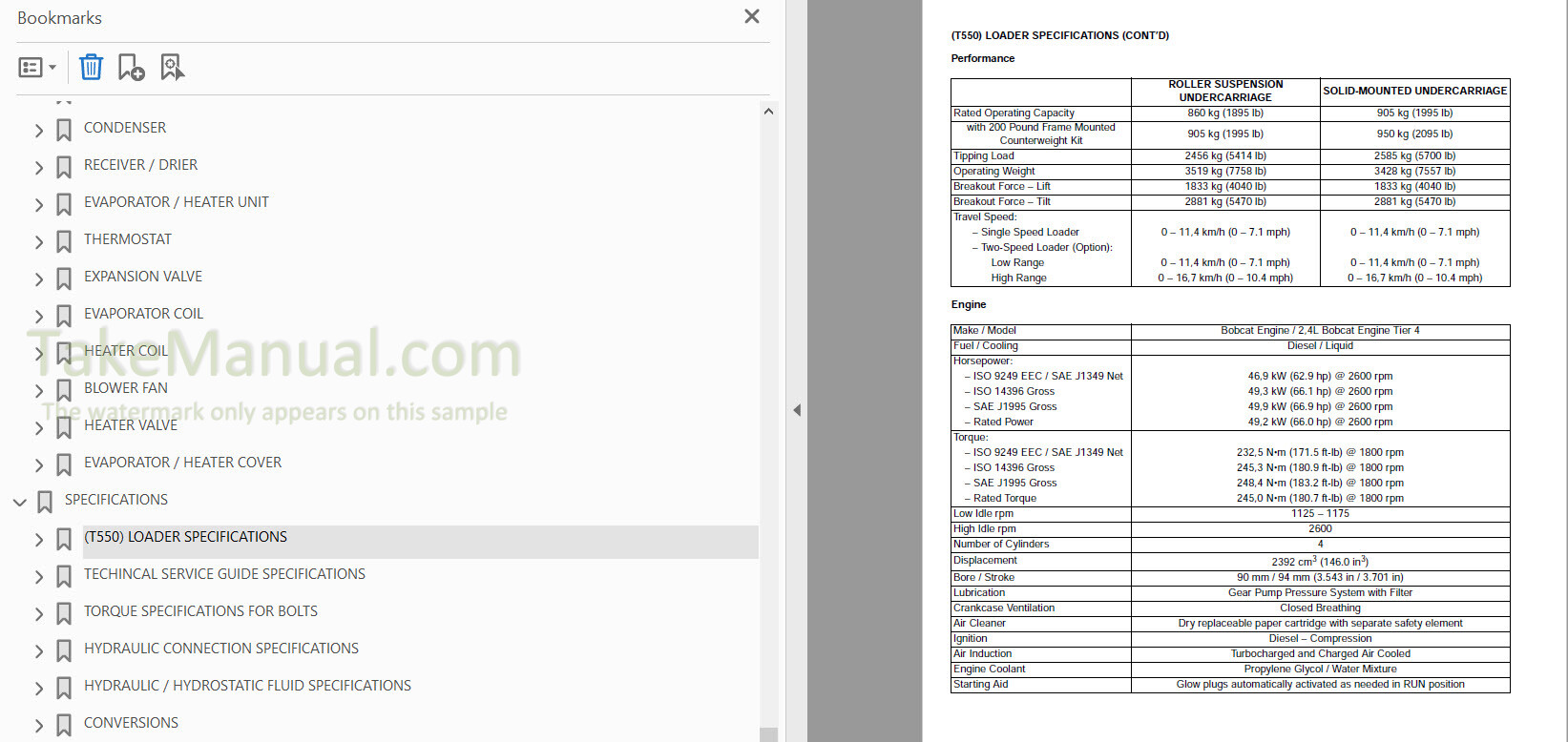 Bobcat T550 Service Manual Compact Track Loader AJZV11001- – TakeManual.com